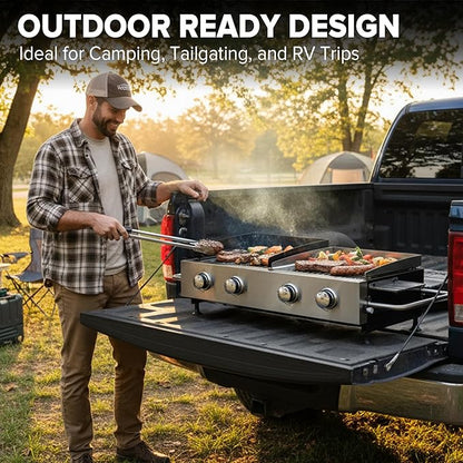Gas Grill and Griddle Combo, 4-Burner Propane Grill with Cast Iron Grates and Stainless Steel Griddle, 40,000 BTU Tabletop Grill Griddle Combo for Outdoor BBQ, Camping, Tailgating