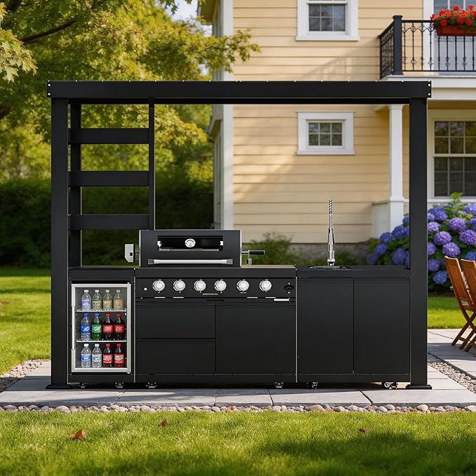 110-Inch 4-Burner 72000 BTU Propane Gas Grill Island with Shed, 304 Stainless Steel Black, Outdoor Kitchen with Wine Cooler, Rotisserie & Granite Countertops for Backyard BBQ, Black