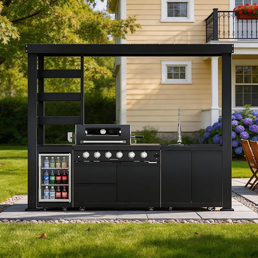 110-Inch 4-Burner Outdoor Kitchen Grill Island with Canopy, 72000 BTU Propane Gas Outdoor Kitchen Island, 304 Stainless Steel, Rotisserie, Storage Cabinets & Drawers, For Backyard BBQ, Black