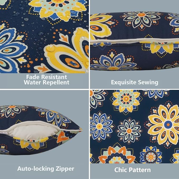 LVTXIII 2 Pack Outdoor Lumbar Pillow Covers 12x20 Inch with Piping, Water-Repellent Back Cushion Covers ONLY for Patio Furniture, Sofa, Garden Bench, Bloom Cobalt