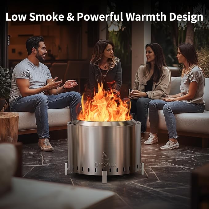 OutVue 22 inch Stainless Steel Smokeless Fire Pit, Outdoor Smokeless Firepit, Wood Burning Fire Pits for Camping, Bonfire, Low Smoke Firepit for Outside (Vertical Hole)