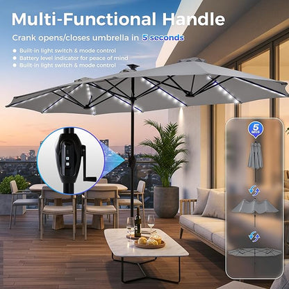 SUPERJARE 13ft Outdoor Patio Umbrella with Solar Lights, Double-sided Deck Pool Umbrella with 1.5 Inch Pole, Fade Resistant Canopy, 12 Sturdy Ribs, for Porch, Market, Backyard, Grey (No Base)
