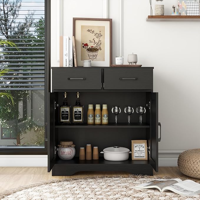 Panana Sideboard 2 Drawers 2 Doors Entryway Storage Cabinet Living Room Organizer Farmhouse Style Wooden Kitchen Cupboard (Black)