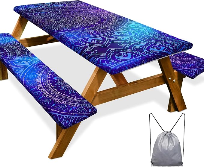 Picnic Table Cover Bench Covers Camping Essentials Tablecloth | Waterproof Vinyl for Outdoor, Windproof Elastic Fitted Edges, RV BBQ Accessories Must Haves, Storage Bag Included