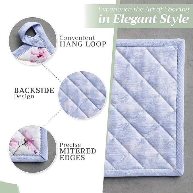 Maison d' Hermine Pot Holders 100% Cotton Heat Resistant Potholders 8" x 8" Hot Pads with Loop BBQ Cooking Baking Hotel Farmhouse Kitchen Handling Hot Pans Spring Summer (Pack of 1, Summer Floral)