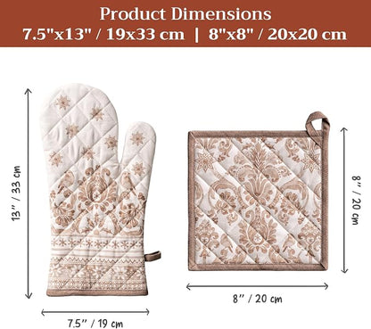 Maison d' Hermine 100% Cotton Oven Mitt & Pot Holder Set (7.5"x13" & 8"x8") | Heat Resistant BBQ Cooking Gloves with Loop Baking Grilling Kitchen Hotel Home Farmhouse Thanksgiving Christmas - Allure