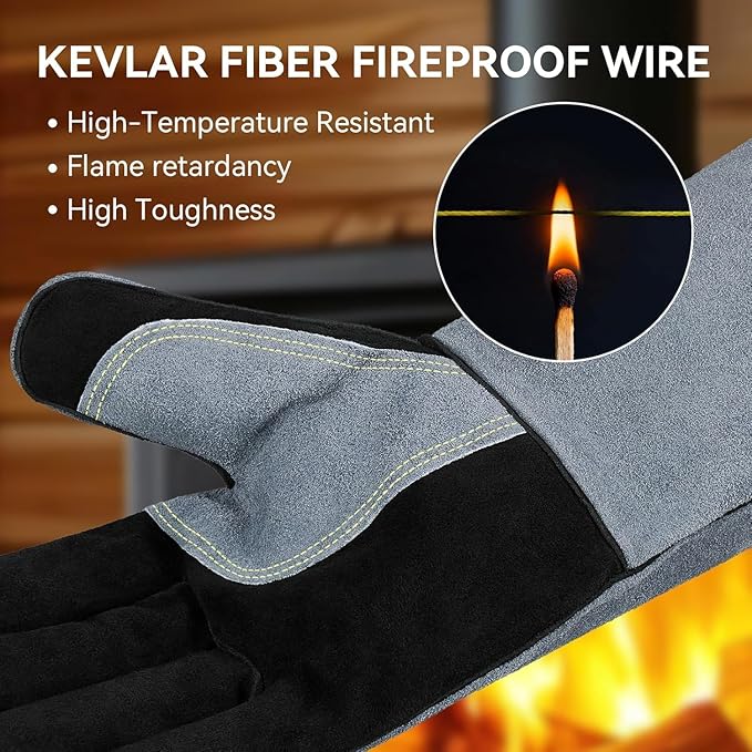 OZERO 16 Inch Heat Resistant Welding Gloves, 20% Thicker Genuine Split Cowhide 932℉ EN407 Certified Leather Fire Gloves for Grill Oven Fireplace Black-gray
