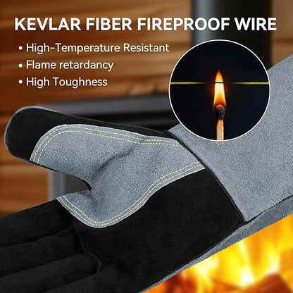 OZERO 16 Inch Heat Resistant Welding Gloves, 20% Thicker Genuine Split Cowhide 932℉ EN407 Certified Leather Fire Gloves for Grill Oven Fireplace Black-gray