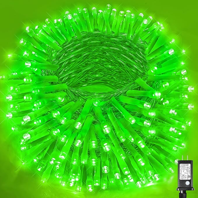 Vivideal 300 LED String Lights Indoor, 99ft Green St Patricks Day Lights for Bedroom Clear Wire 8 Modes, Waterproof Plug in Christmas Light with Timer Memory for Room Tree Party Decorations