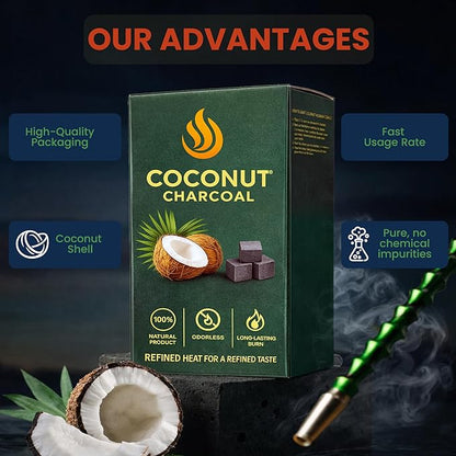 100% Natural Coconut Charcoal Coals 72 pcs, 25mm Cubes Made from Natural Coconut Shells, 2.2 lbs (1kg) Long-Lasting Hookah Charcoal, Low Ash Charcoal