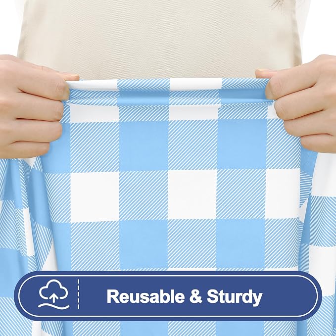 Smiry Picnic Table Cover with Bench Covers, Waterproof Elastic Fitted Tablecloths for 6 Foot Rectangle Tables, Washable Buffalo Plaid Tablecloth for Camping, Outdoor (Light Blue & White, 30"x72")