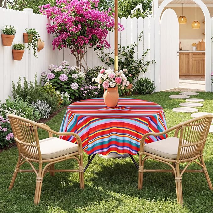 Poise3EHome 60 inches Outdoor/Indoor Waterproof Spillproof Round Tablecloth with Umbrella Hole Zipper for Camping Picnic Party Patio Table Spring, Color Stripe
