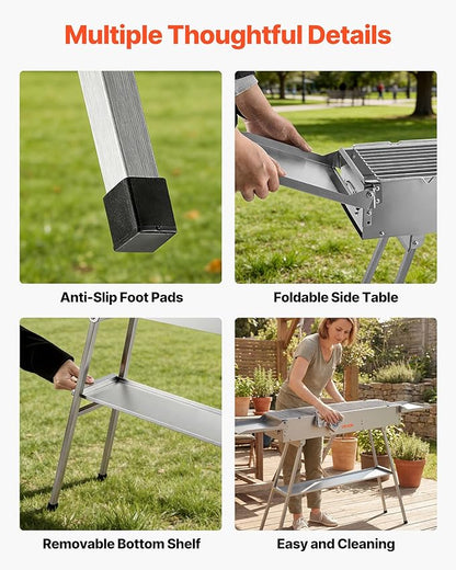 VEVOR Foldable Charcoal Grill, 250 sq.in. Portable Charcoal Barbecue Grill with Liftable Charcoal Tray & Side Tables, Brushed Stainless Steel BBQ Cooking Grills for Outdoor Camping Backyard Parties