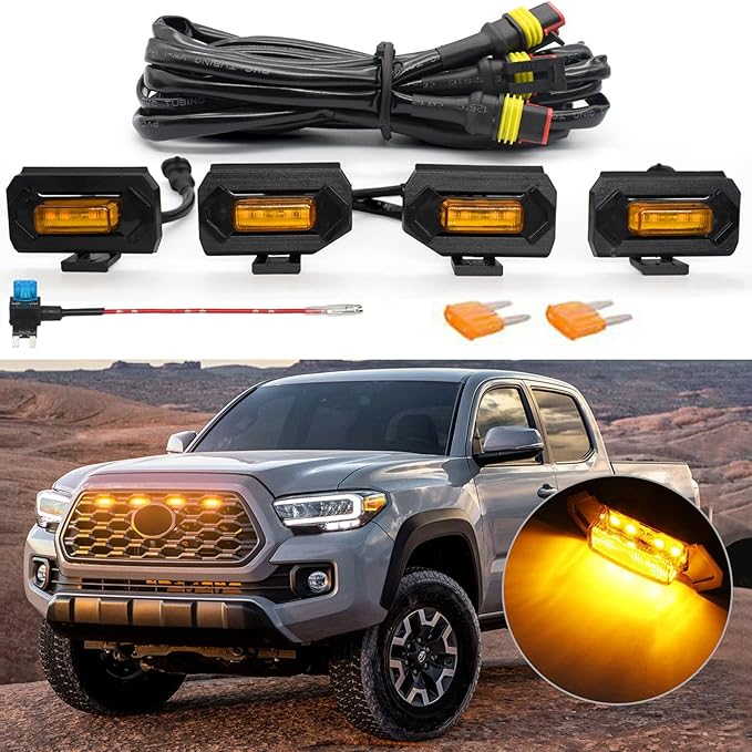 Upgraded Grill Lights 4PCS for Toyota Tacoma 2020-2023 TRD Off Road and TRD Sport OEM Grill, Tacoma Accessories Replacement LED Warning Lights with Fuse (Amber Light/Amber Lens)