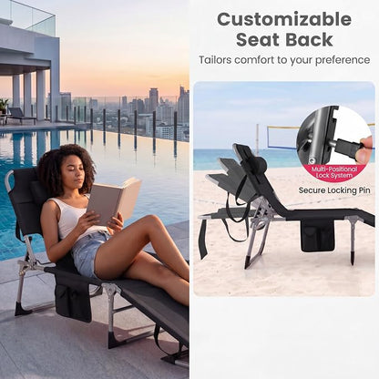 Goplus Tanning Chair, Folding Beach Lounge Chair with Face &Arm Hole, 4-Position Adjustable,Removable Pillow,Side Pocket, Sunbathing Chair, Portable Outdoor Lounge Chair for Patio Pool Lawn (1, Black)