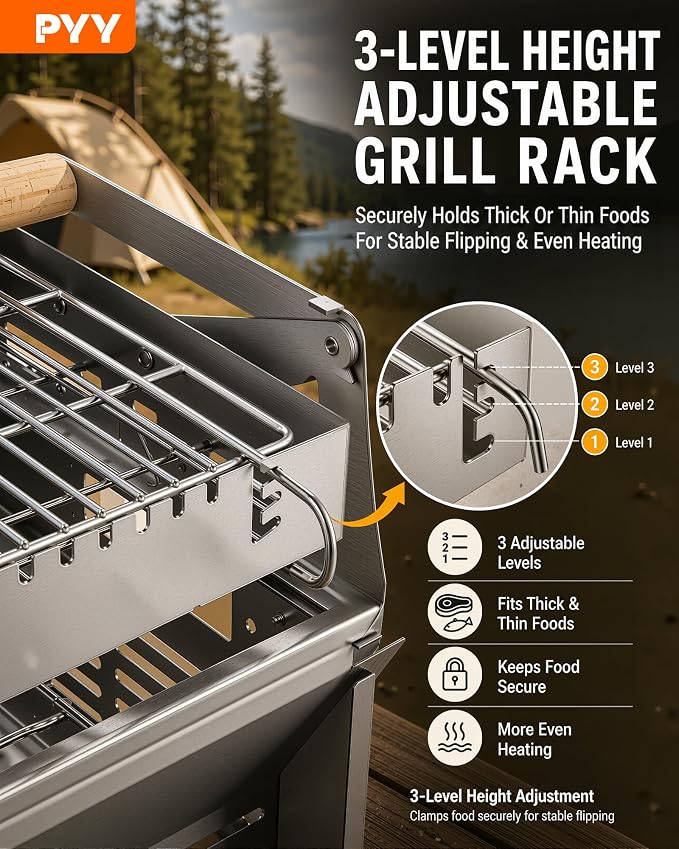 PYY Upgraded 360° Rotating Barbecue Grill Outdoor Rotating BBQ Grill | Easy Flip Grill, Heat-Resistant Wooden Handle, Thickened SUS Food Grade Mesh, Adjustable Height Grill & Charcoal Tray