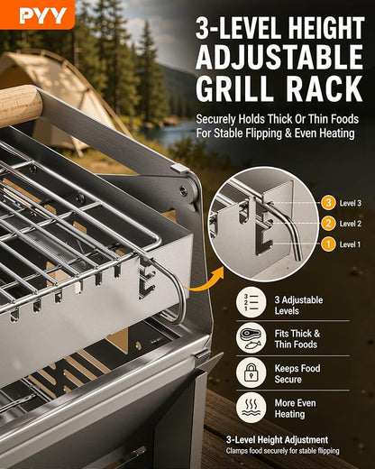 PYY Upgraded 360° Rotating Barbecue Grill Outdoor Rotating BBQ Grill | Easy Flip Grill, Heat-Resistant Wooden Handle, Thickened SUS Food Grade Mesh, Adjustable Height Grill & Charcoal Tray