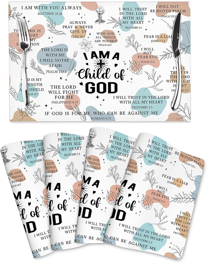 Christian Placemats Set of 4, God Table Place Mats for Kitchen | Washable Decorative Place Mats Holiday Party Farmhouse Decor Religious Happy Easter Day 12"x18"