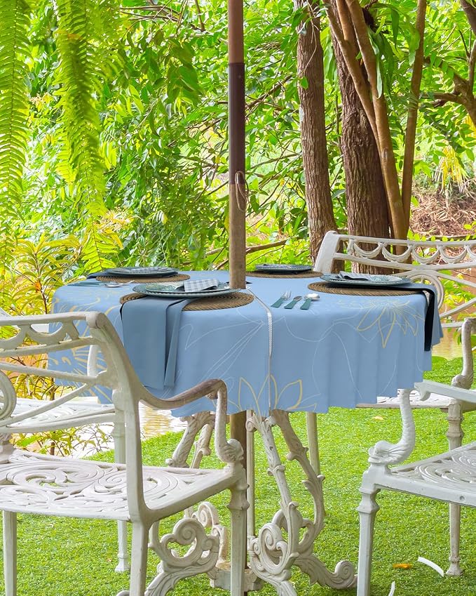 QueenKer Outdoor Tablecloth with Umbrella Hole, Minimalist Lines Leaves Flowers Blue Round Tables Waterproof Tabletop Collection for Patio, Garden, Picnic, Camping, Dining 60R