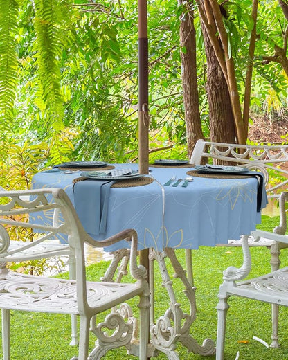 QueenKer Outdoor Tablecloth with Umbrella Hole, Minimalist Lines Leaves Flowers Blue Round Tables Waterproof Tabletop Collection for Patio, Garden, Picnic, Camping, Dining 60R