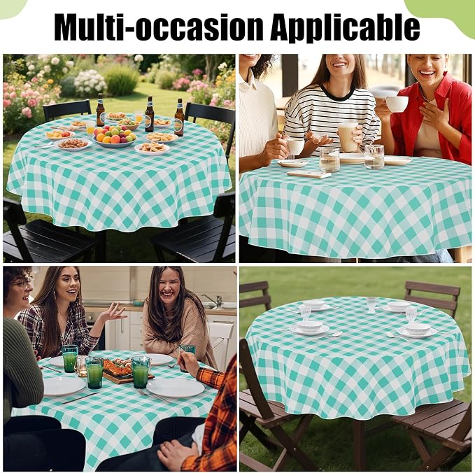 Smiry Picnic Table Cloth, Vinyl Tablecloths with Flannel Backing, 60" Round | Waterproof Picnic Table Cloth, Wipeable Buffalo Plaid Table Cover for Indoor and Outdoor (Teal & White)