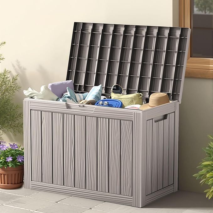 45 Gallon Outdoor Storage Box, Waterproof Resin Deck Box with Side Handles, Lockable Outdoor Bench for Indoor & Outdoor Use, Storage Bin for Patio Cushions, Garden Tools, Khaki