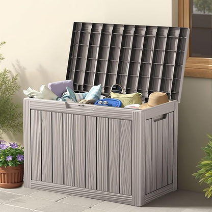 45 Gallon Outdoor Storage Box, Waterproof Resin Deck Box with Side Handles, Lockable Outdoor Bench for Indoor & Outdoor Use, Storage Bin for Patio Cushions, Garden Tools, Khaki