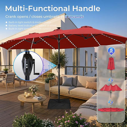 SUPERJARE 15ft Large Patio Umbrella with Base included, Double Sided Outdoor Umbrella with Solar Lights, Pool Umbrella with Fade Resistant Canopy for Deck, Porch, Yard, Balcony, Burgundy