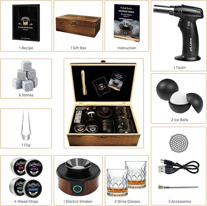Electric Whiskey Smoker Kit with Wooden Box, 4 Wood Chips, Torch, Ice Molds, 2 Glasses, Stones, Old Fashioned Bourbon Cocktail Smoker Infuser Kit, Whiskey Gifts for Father, Men, Husband (No Butane)