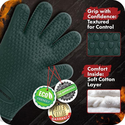 KITCHEN PERFECTION Silicone Smoker Oven Gloves -Extreme Heat Resistant BBQ Gloves -Handle Hot Food Right on Your Smoker Grill Fryer Pit|Waterproof Oven Mitts Grill Gloves |Superior Value Set+3 Bonuses