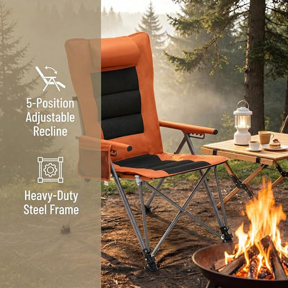Adjustable Folding Beach Chair, Portable Camping Chair for Adults with Backrest, Reclining Outdoor Chair with Cup Holder & Pocket, Foldable Low Beach Chair for Camping, Picnic, Orange