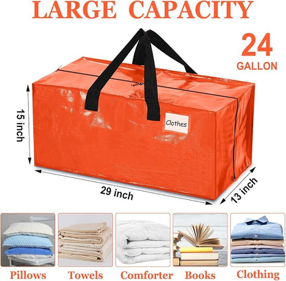 4 Pcs 24 Gallon Extra Large Moving Bags Heavy Duty Storage Bag with Strong Zipper Handle Foldable XXL Jumbo Storage Tote Packing Moving Box for College Dorm Travel Cloth Duffle (Orange)