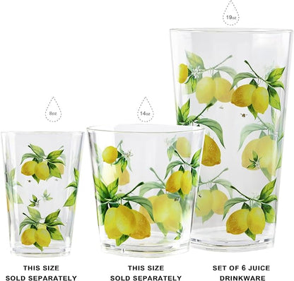 Reston Lloyd Calypso Basics Fresh Lemons 19 oz Acrylic Drinkware Set of 6 – BPA-Free, Indoor/Outdoor, Dishwasher Safe, Lemons with Bees
