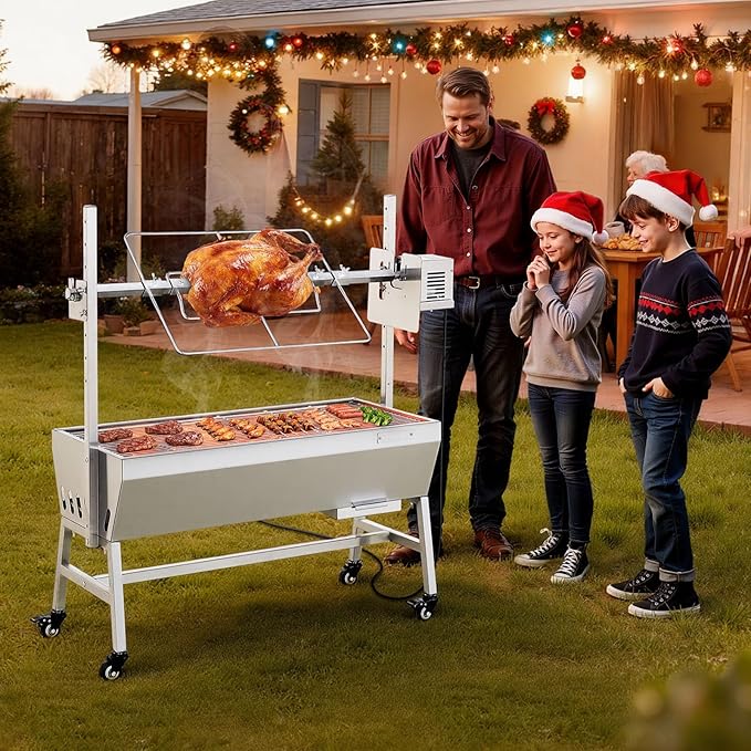 VEVOR Rotisserie Grill, 38W Stainless Steel BBQ Outdoor Pig & Lamb Spit Roaster, 132 LBS Capacity Charcoal Spit Roaster with Wheels & 7-Level Height, Electric Rotisserie Grill Kit for Camping Outdoor