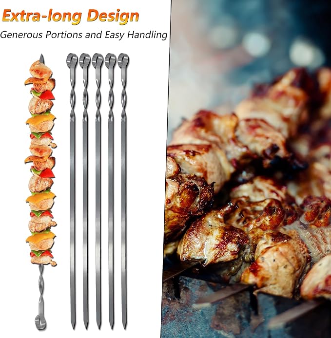 Hakka Stainless Steel Barbecue Skewers, 23.6" Shish Kabob Skewers Heavy Duty Metal Skewers for Grilling Large Wide Reusable Kabob Sticks with NonSlip Ring Handle,Set of 10