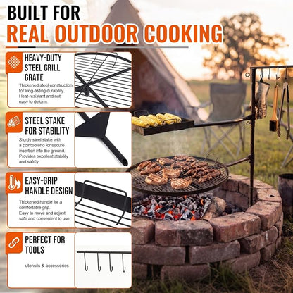 22" and 16"x10.5" Fire Pit Campfire Grill Grate Foldable Round and Rectangular Grill Grate Open Fire Cooking Portable Camping Barbecue Rack Heavy-duty Easy Setup & Adjustable Height for BBQ