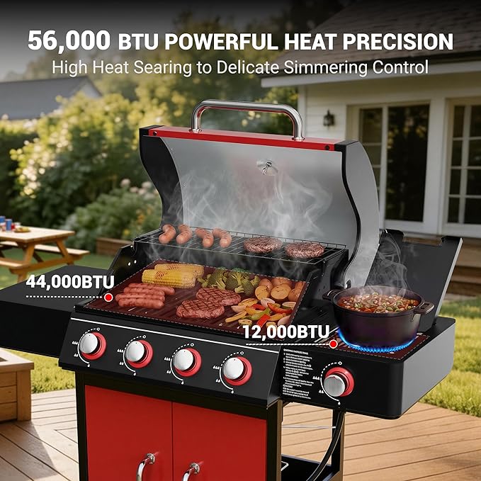 HUGROVE 4 Burner Propane Gas Grill with Side Burner, 601 Sq. In. Cooking Area with Warming Rack 56,000 BTU BBQ Grill with Porcelain-Enameled Cast Iron Grates for Outdoor Cooking