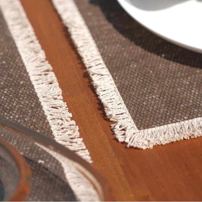 Hausattire Cotton Frayed Placemats Set of 6 Dining Table 13x19 Inch | Rustic Vintage Boho Washable Easter Placemat for Outdoor Parties BBQ's Wedding, Holiday,Nubby Cotton - Brown