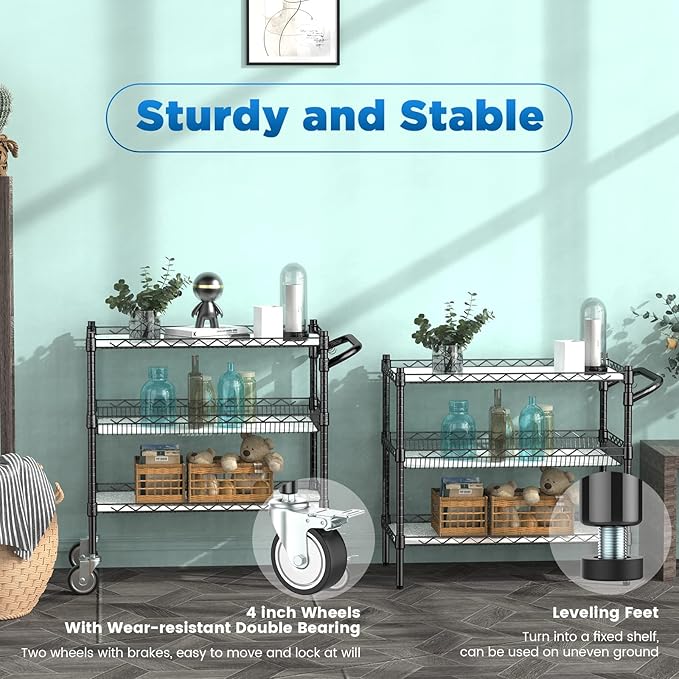 3 Tier Rolling Carts with Wheels, Heavy Duty Rolling Utility Cart | NSF Commercial Grade Metal Cart with Handle&Shelf Liner,Trolley Serving Cart for Kitchen,Restaurant,Plant Display,Black