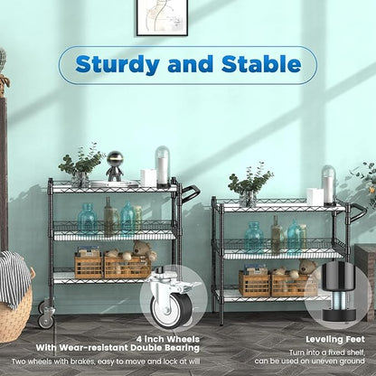 3 Tier Rolling Carts with Wheels, Heavy Duty Rolling Utility Cart | NSF Commercial Grade Metal Cart with Handle&Shelf Liner,Trolley Serving Cart for Kitchen,Restaurant,Plant Display,Black
