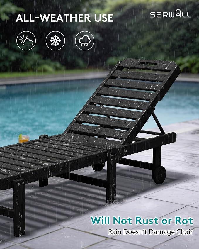 SERWALL HDPE Outdoor Chaise Lounge with Cup Holder & Wheels, Black | Weather-resistant chaise lounge resists fading, with 5-level adjustable back, cup holder and wheels.