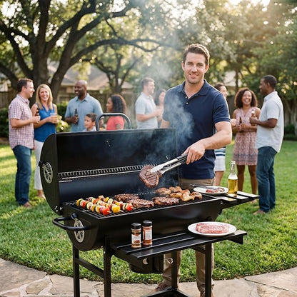 Devoko Barrel Charcoal Grill with Thermometer, Double-Layer Chrome-Plated Iron Baking Pan, Three Item Racks & Ash Catcher, Heavy Duty Outdoor BBQ Grill for Camping Backyard Patio