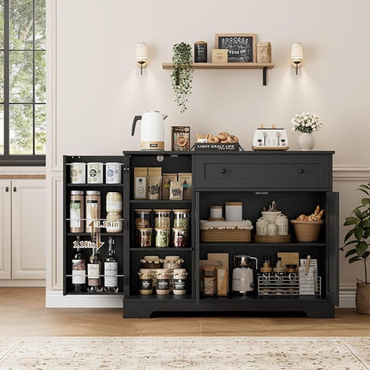 HOSTACK Buffet Cabinet with Storage, Modern Sideboard Buffet with Doors, Wood Coffee Bar Kitchen Storage Cabinet with Drawer and Adjustable Shelf for Kitchen, Dining Room, Living Room, Black