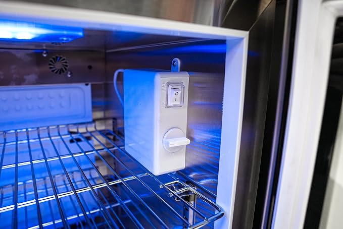 Mont Alpi Premium 27"H x 18.5"D x 17.5"D Stainless Steel All Weather Outdoor Refrigerator 2.7 cu. ft. Glass Door Fridge with Temperature Control + Lockable Door + Adjustable Shelves + Blue Lighting