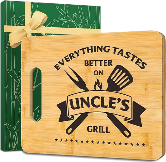 Gifts for Uncle, Unique Bamboo Cutting Board - Best Father's Day, Birthday, and Christmas Gifts from Niece or Nephew - Everything Tastes Better on Uncle's Grill