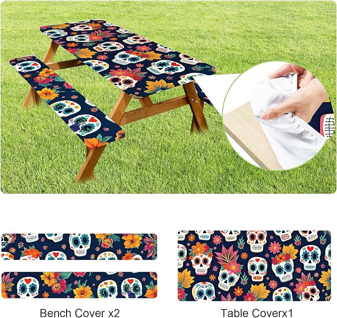 ANNA QUEEN Day of The Dead Sugar Skull 6FT Picnic Table Cover, 72"x30" 3PCS Bench and Table Cover Set, Waterproof Halloween Camping Outdoor Decor