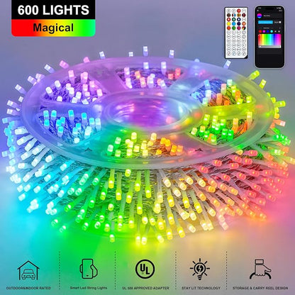 JMEXSUSS 600 LED RGB String Light Outdoor, Christmas Halloween Lights | 198 Ft Color Changing Christmas Tree Lights Plug in for Bedroom Tree Room Party Birthday Decorations, Clear Wire