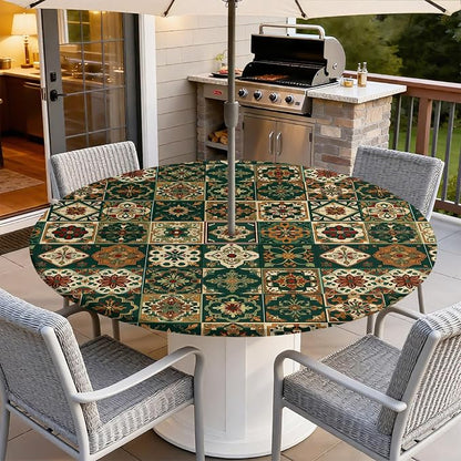 Outdoor Tablecloth with Umbrella Hole and Zipper Fits 32-36" Tables | Waterproof Round Fitted Tablecloth with Elastic Edge, Wipeable Outdoor Table Cover for Patio, Garden, Picnic