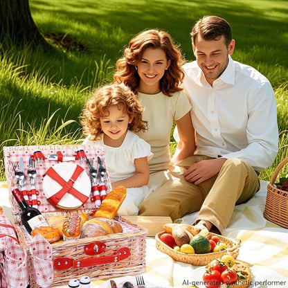Wicker Picnic Basket Set for 4, Blanket, Cooler Bag, Red Heart | Four-Person Wicker Set Includes Tableware, Insulated Food Storage and Waterproof Blanket for Parks, Camping, Dates and Gifts