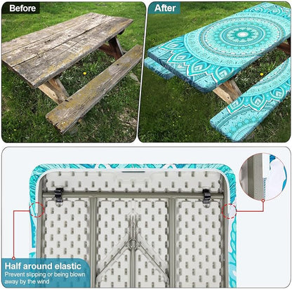 Picnic Table Cover Bench Covers Camping Essentials Tablecloth | Waterproof Vinyl for Outdoor, Windproof Elastic Fitted Edges, RV BBQ Accessories Must Haves, Storage Bag Included